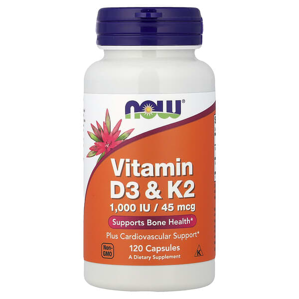 NOW Foods Vitamin D3 & K2 – 120 Capsules ☀️🦷 | 1,000 IU D3 + 45 mcg K2 | Supports Bone, Teeth & Heart Health | Non-GMO, Kosher, Soy-Free | GMP Quality Assured*