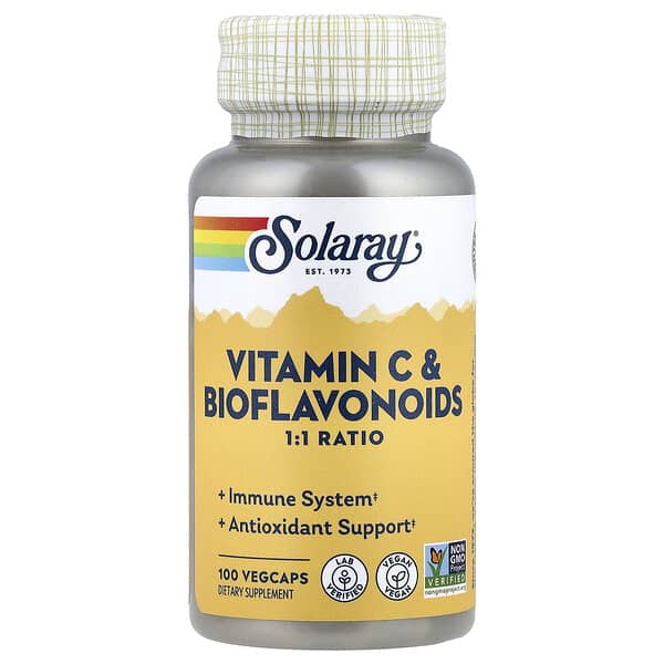 Solaray Vitamin C & Bioflavonoids – 100 VegCaps 🍊 | 1,000 mg Vitamin C with Rose Hips & Acerola | Immune Support, Antioxidant & Collagen Health | eco-friendly PCR Bottle*